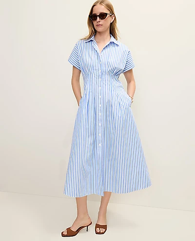 Ann Taylor Petite Weekend Striped Pleated Midi Shirtdress Size 12 White Blue Women's