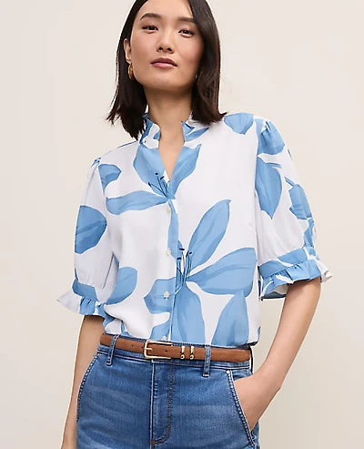 Ann Taylor Petite Floral Ruffle Collar Shirt Blue Women's