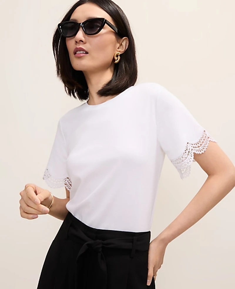Ann Taylor Lace Trim Sleeve Knit T-Shirt Women's