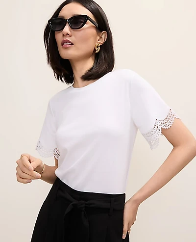 Ann Taylor Lace Trim Sleeve Knit T-Shirt Women's