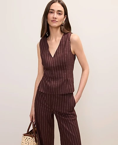 Ann Taylor Petite Pinstripe Peplum Top Linen Blend Rich Walnut Women's