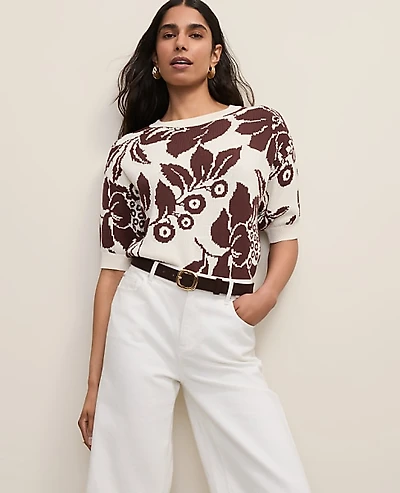 Ann Taylor Petite Floral Jacquard Sweater T-Shirt Rich Walnut Women's