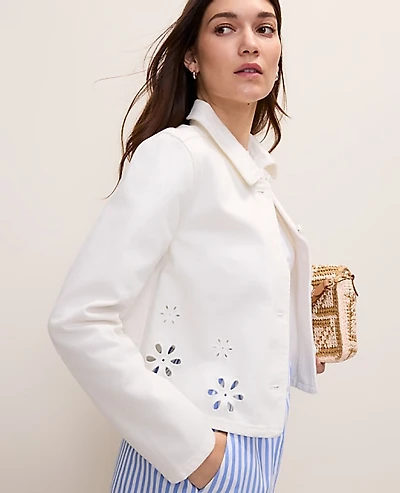 Ann Taylor Weekend Eyelet Cropped Denim Jacket White Women's