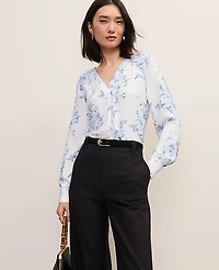 Ann Taylor Floral Pleat Front Top White-Blue Women's