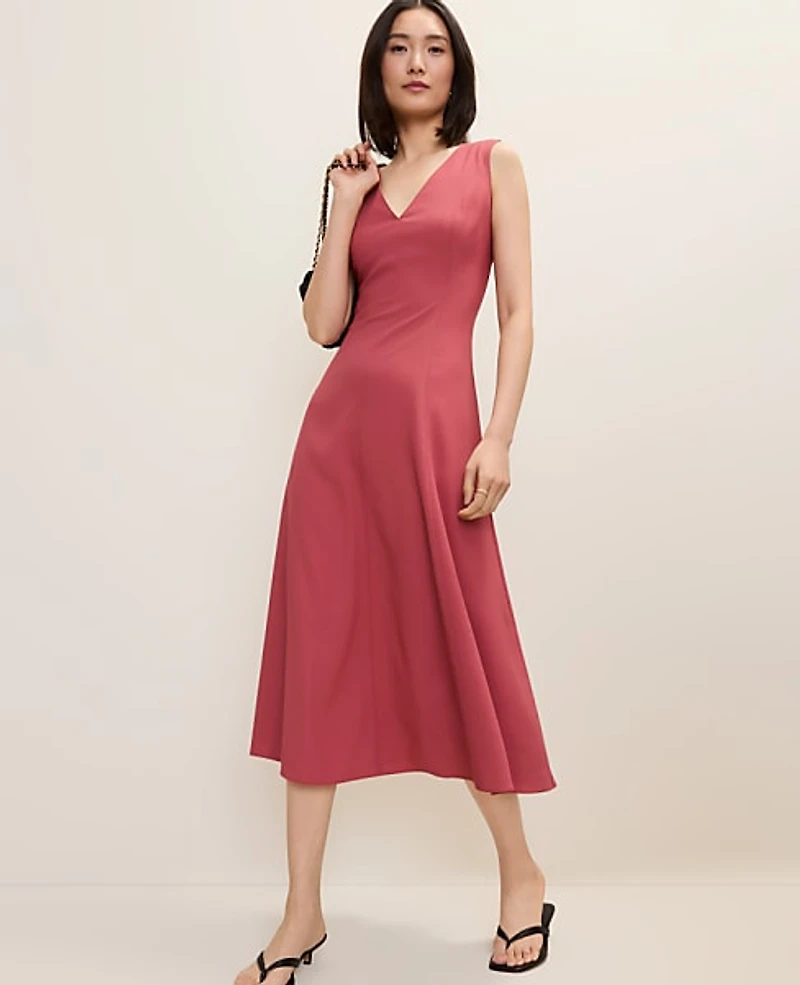Ann Taylor V-Neck Flare Midi Dress Rose Clay Women's
