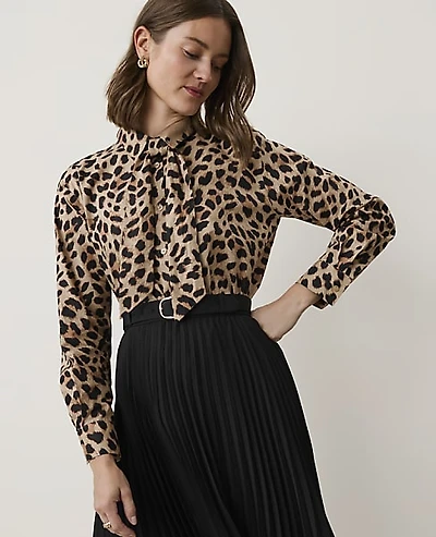 Ann Taylor Animal Print Tie Neck Blouse Cafe Au Lait B Women's