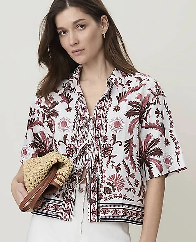 Ann Taylor Weekend Triple Tie Top Linen Blend Rich Walnut Women's