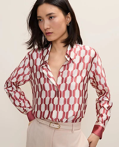 Ann Taylor Petite Geo Satin Modern Shirt Winter White Women's