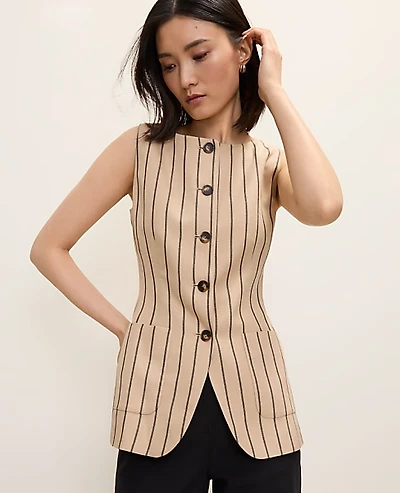 Ann Taylor The Petite Striped Long Vest Warm Burlap Women's