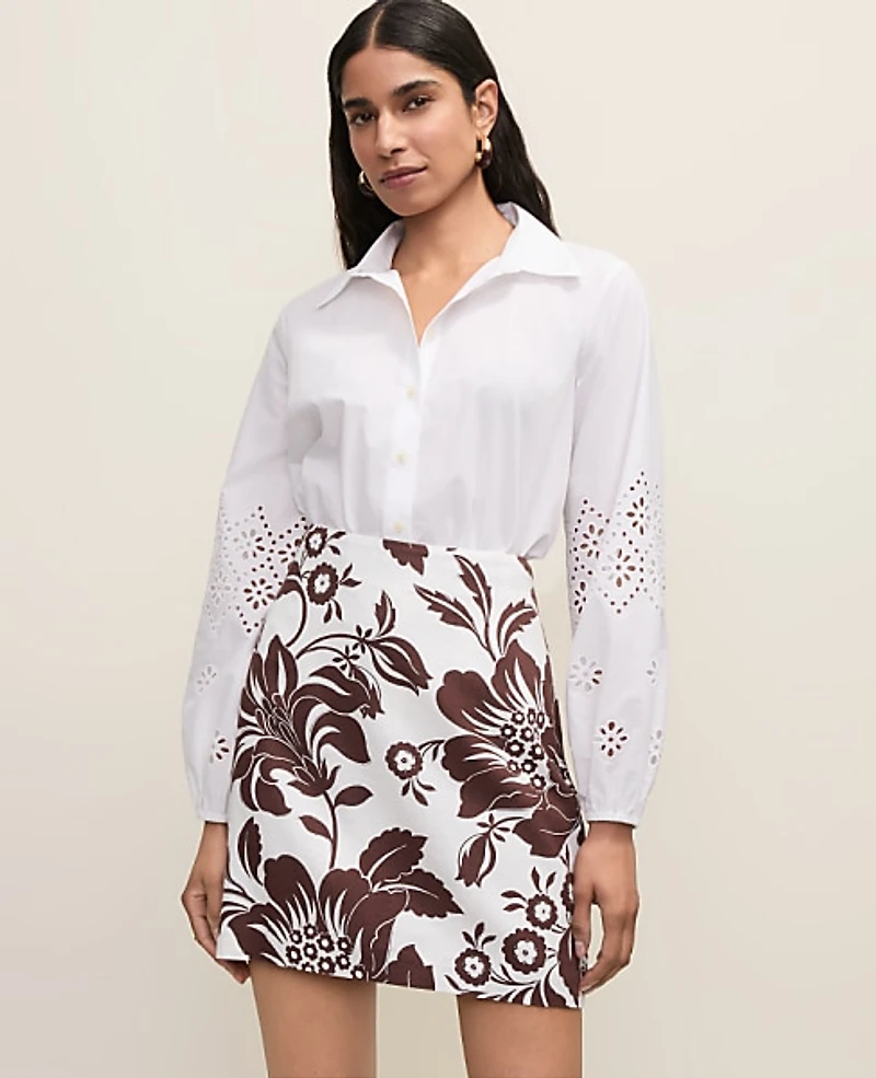 Ann Taylor Petite Floral A-Line Skirt Linen Blend Rich Walnut Women's