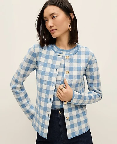 Ann Taylor Petite Gingham Jacquard Sweater Jacket Sea Haze Women's