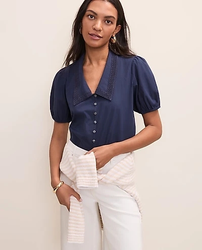 Ann Taylor Petite Weekend Lace Trim Blouse Women's