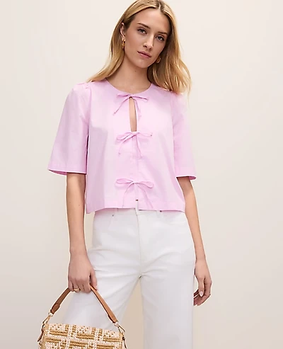 Ann Taylor Petite Tie Front Short Sleeve Blouse Pirouette Women's