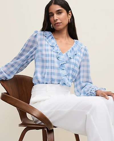 Ann Taylor Petite Gingham Ruffle Trim Blouse Sea Haze Women's