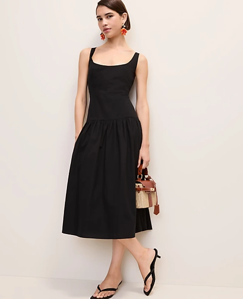 Ann Taylor Petite Drop Waist Flare Midi Dress Black Women's