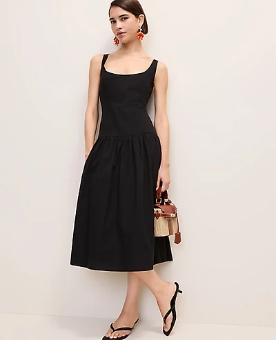 Ann Taylor Petite Drop Waist Flare Midi Dress Black Women's