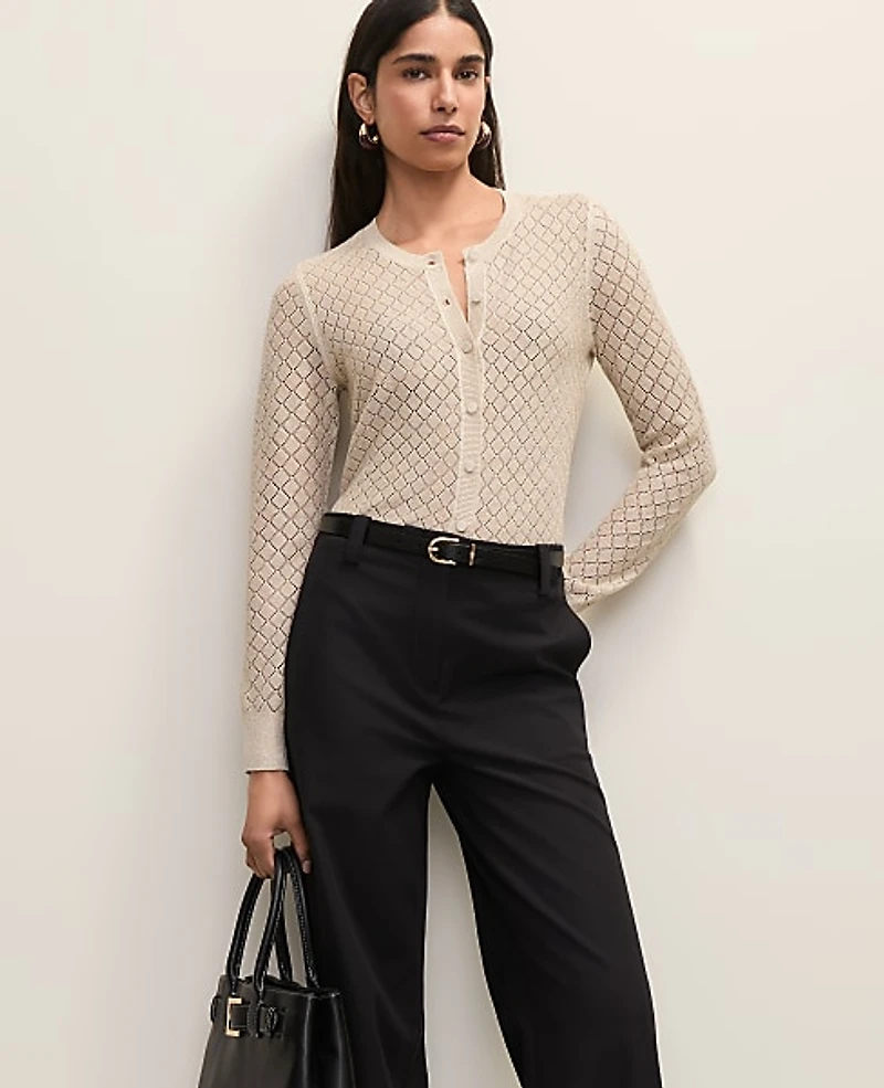 Ann Taylor Petite Metallic Pointelle Stitch Cardigan Sail Cloth Women's