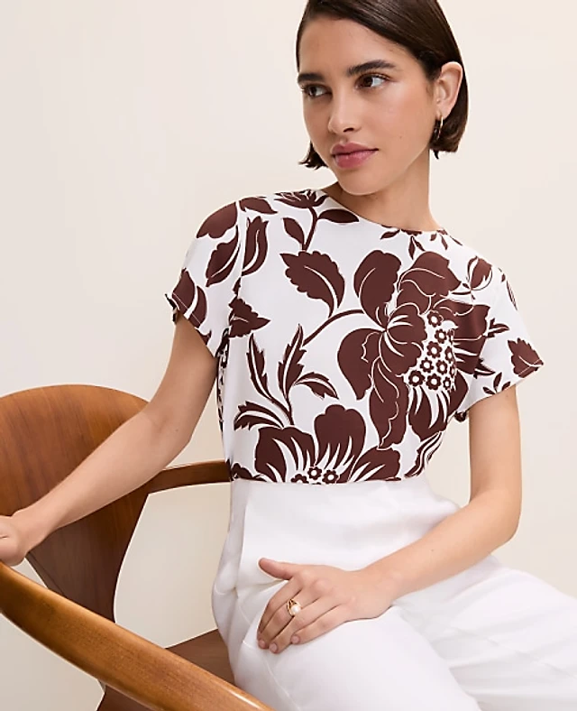 Ann Taylor Floral Mixed Media Crew Neck T-Shirt Rich Walnut Women's