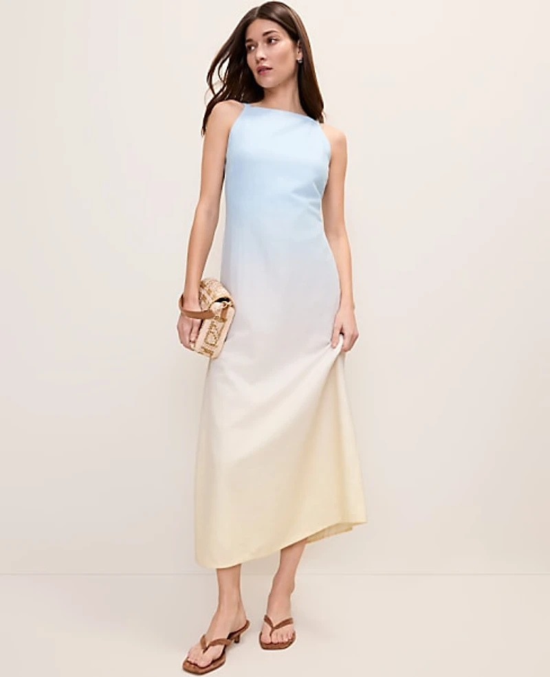 Ann Taylor Weekend Ombré Midi Dress Linen Blend Yellow-Blue Women's