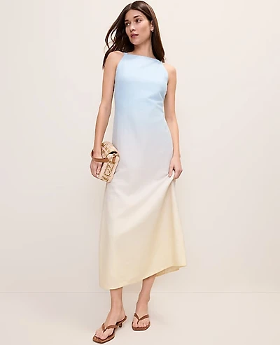 Ann Taylor Weekend Ombré Midi Dress Linen Blend Yellow-Blue Women's