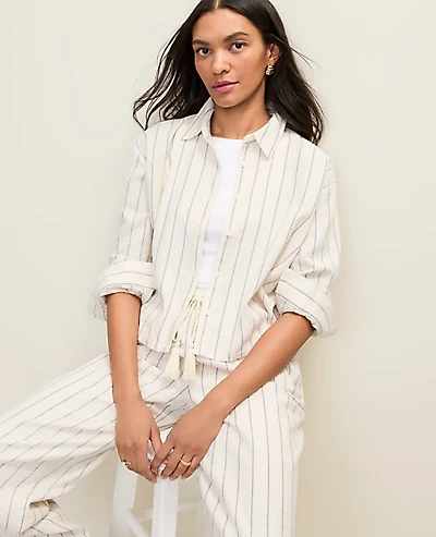 Ann Taylor Petite Striped Linen Button Down Shirt Ocean Oasis Women's