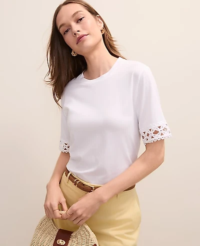 Ann Taylor Petite Crochet Trim Relaxed T-Shirt Size Large White Women's