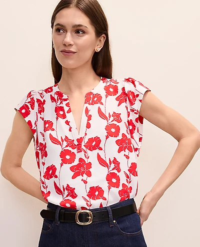 Ann Taylor Mixed Media Floral Flutter Sleeve Top Bright Cherry Women's