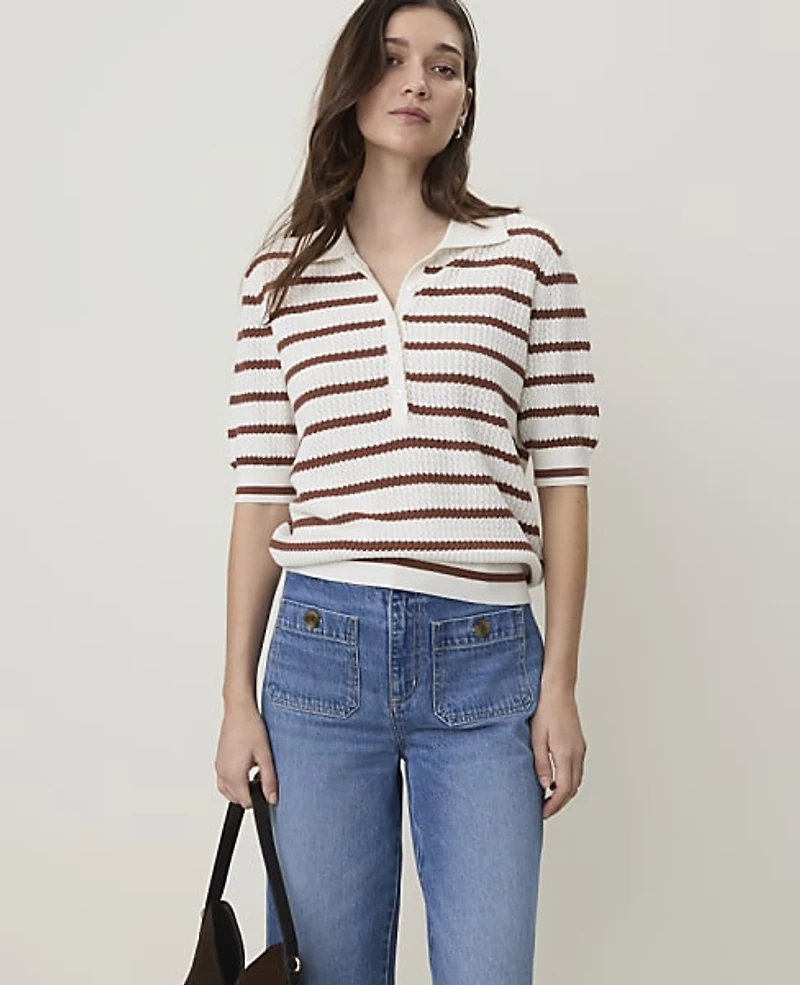 Ann Taylor Weekend Striped Henley Sweater White Multi Women's