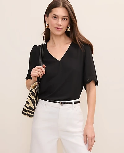 Ann Taylor Petite Embroidered Mixed Media Top Women's