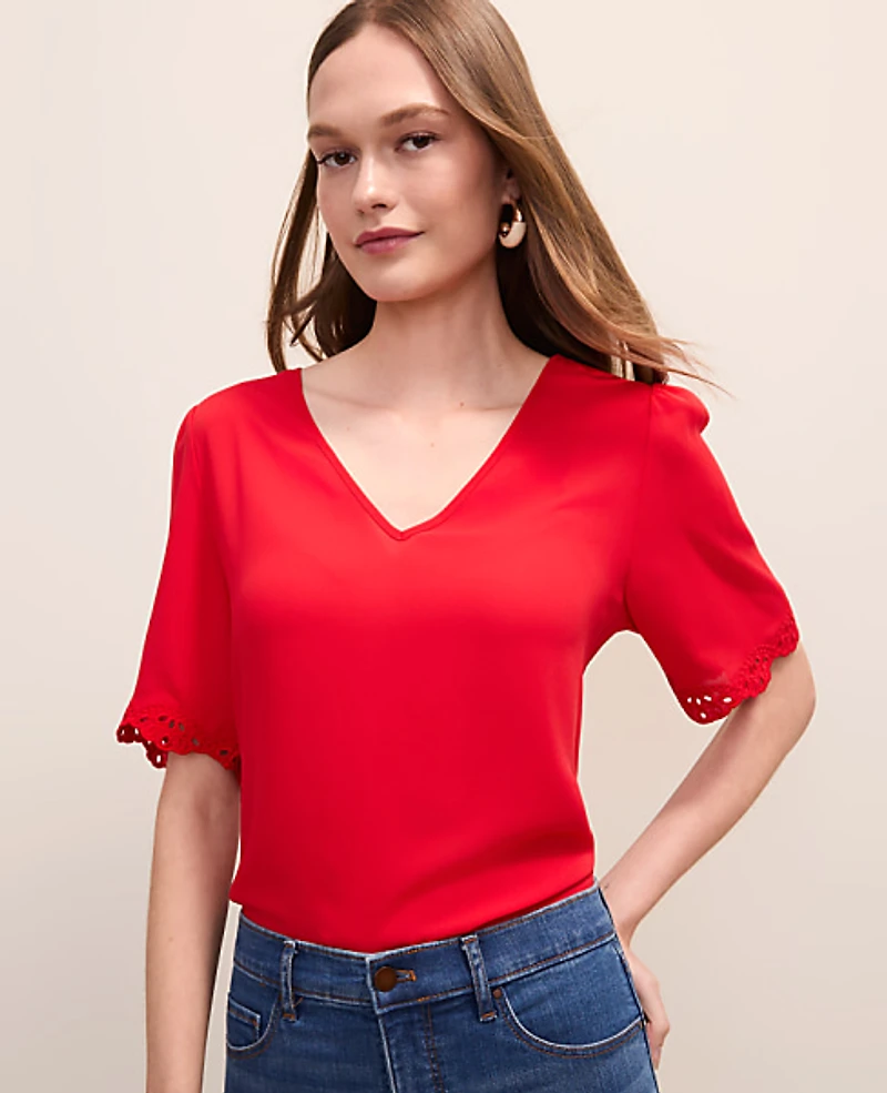 Ann Taylor Petite Embroidered Mixed Media Top Women's