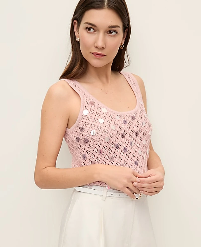 Ann Taylor Petite Sequin Pointelle Sweater Tank Top Rose Veil Women's
