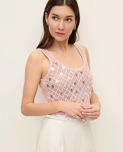 Ann Taylor Petite Sequin Pointelle Sweater Tank Top Rose Veil Women's
