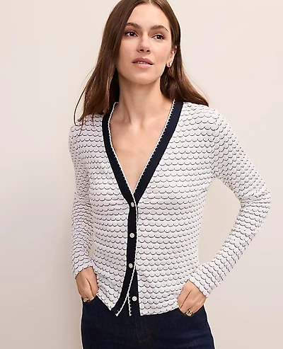 Ann Taylor Scalloped V-Neck Cardigan Ivory/Navy Multi Women's