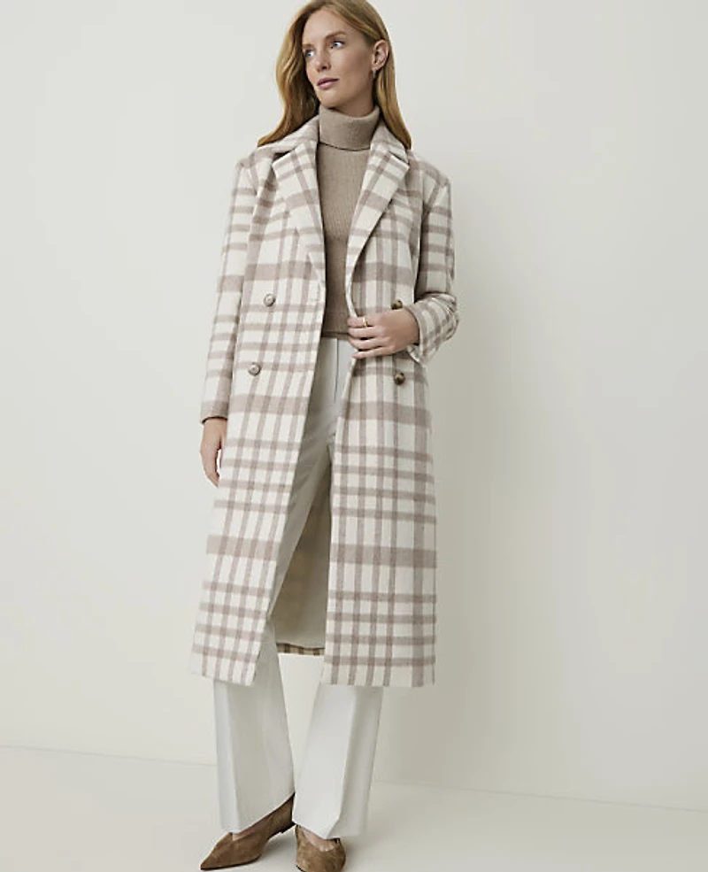 Ann Taylor Plaid Double Breasted Coat Sea Pearl Women's