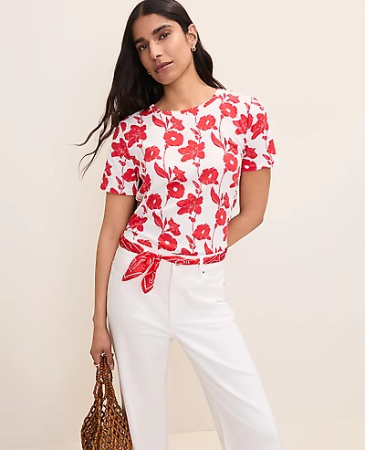 Ann Taylor Floral Crew Neck T-Shirt Bright Cherry Women's