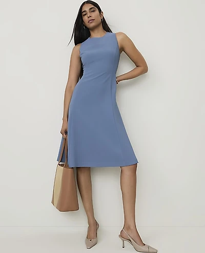 Ann Taylor The Seamed Crew Neck Flare Dress Fluid Crepe Cool Dusk Women's