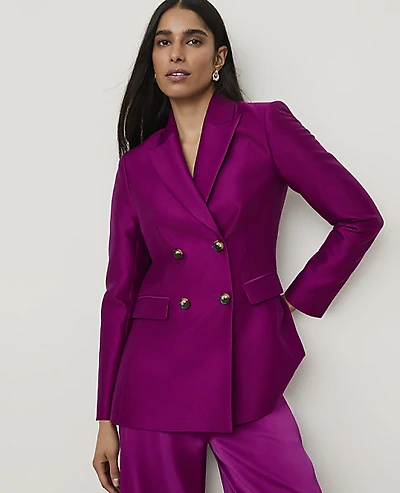 Ann Taylor Studio Collection Long Double Breasted Blazer Silk Dark Fuchsia Bloom Women's
