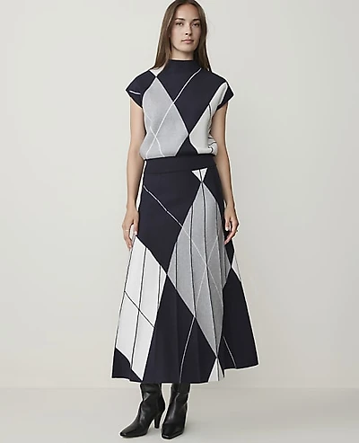 Ann Taylor Pleated Argyle Jacquard Sweater Skirt Night Sky Women's