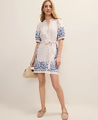 Ann Taylor Weekend Paisley Puff Sleeve Mini Dress Linen Blend Ivory Whisper Women's