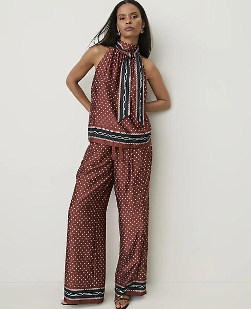 Ann Taylor The Printed Drawstring Wide-Leg Pant Satin Amber Noir Women's