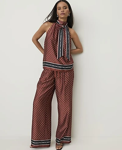 Ann Taylor The Printed Drawstring Wide-Leg Pant Satin Amber Noir Women's