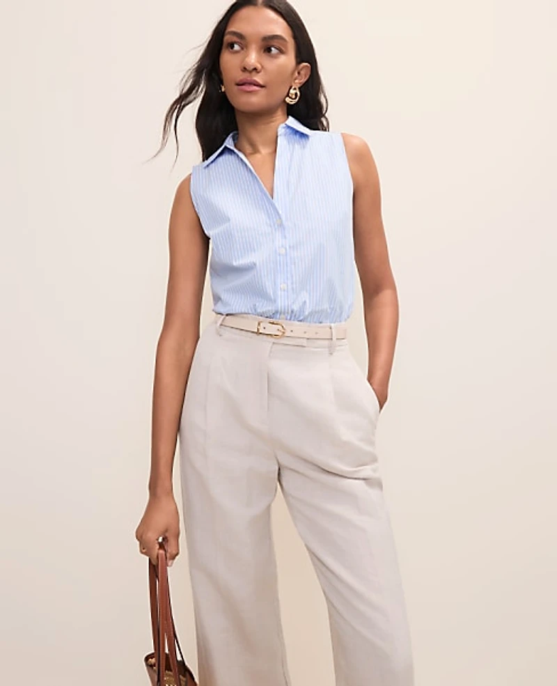 Ann Taylor Petite Striped Sleeveless Essential Shirt Vista Blue Women's