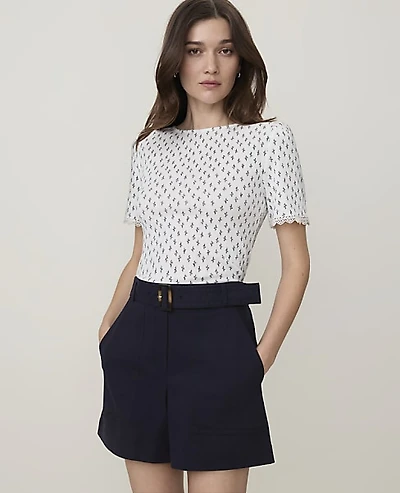 Ann Taylor Petite Weekend Floral Lace Trim Pointelle T-Shirt Winter White Women's