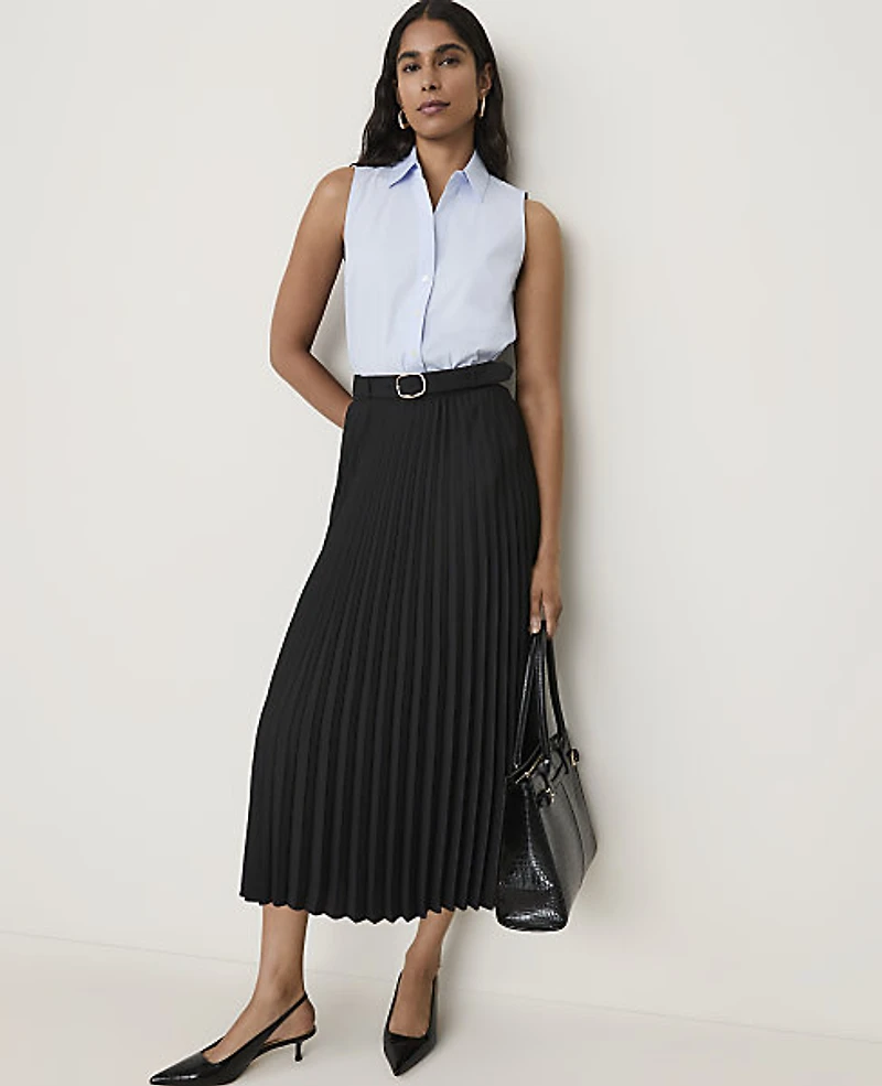 Ann Taylor Belted Pleated Midi Skirt Black Women's