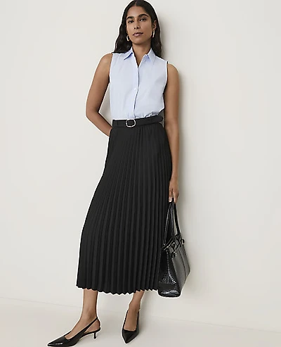 Ann Taylor Belted Pleated Midi Skirt Black Women's