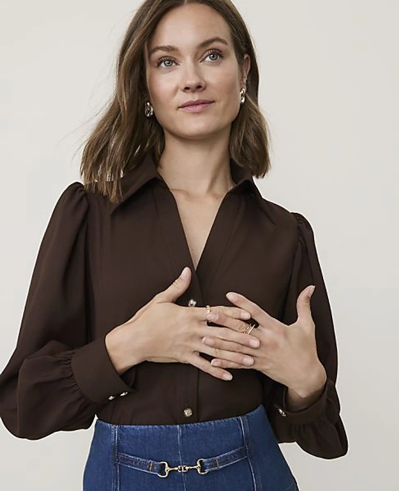 Ann Taylor Split Neck Blouse Satin French Mocha Women's