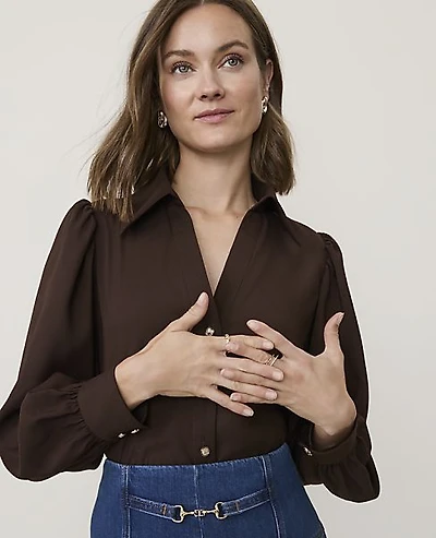 Ann Taylor Split Neck Blouse Satin French Mocha Women's