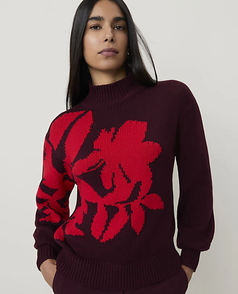 Ann Taylor Floral Jacquard Mock Neck Sweater Purest Plum Women's