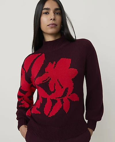 Ann Taylor Floral Jacquard Mock Neck Sweater Purest Plum Women's