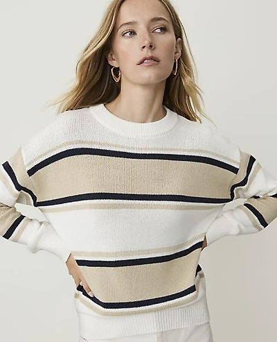 Ann Taylor Weekend Striped Crew Neck Sweater Camel Multi Women's